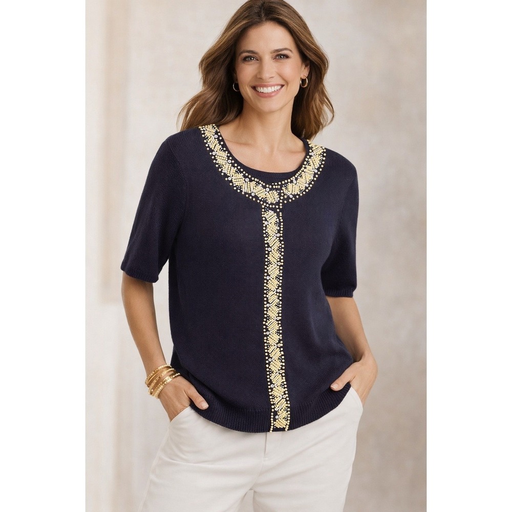 Isaac Mizrahi Knit Top Womens L Blue Beaded Embellished Short Sleeve Sweater